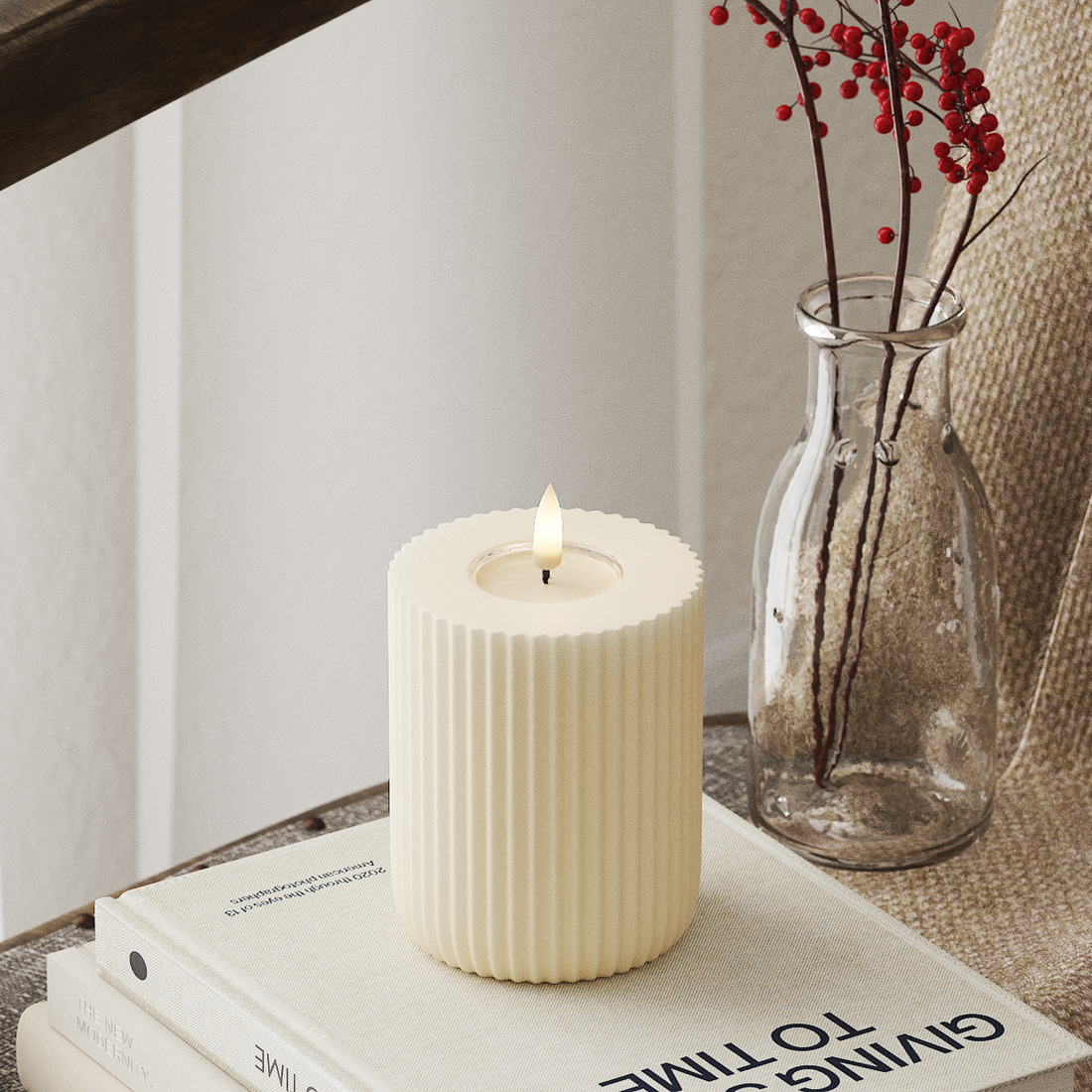 Deluxe Homeart Solid Stripe LED Bloklys Ø 8 X 10 Cm Cream LED Shape 4