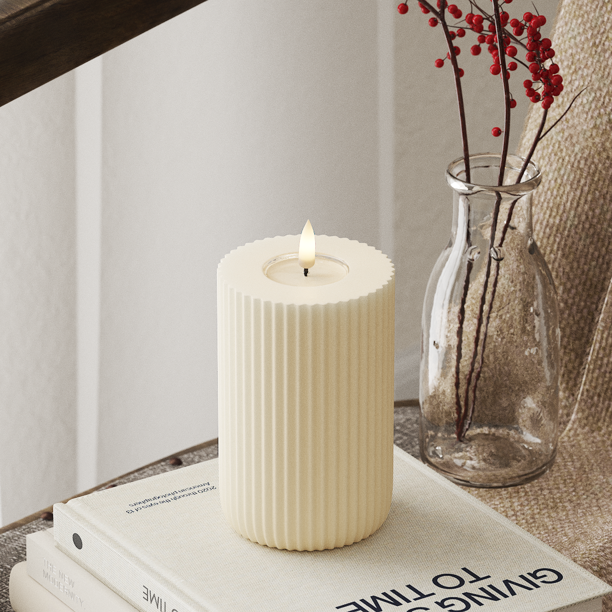 Deluxe Homeart Solid Stripe LED Bloklys Ø 8 X 12,5 Cm Cream LED Shape 4