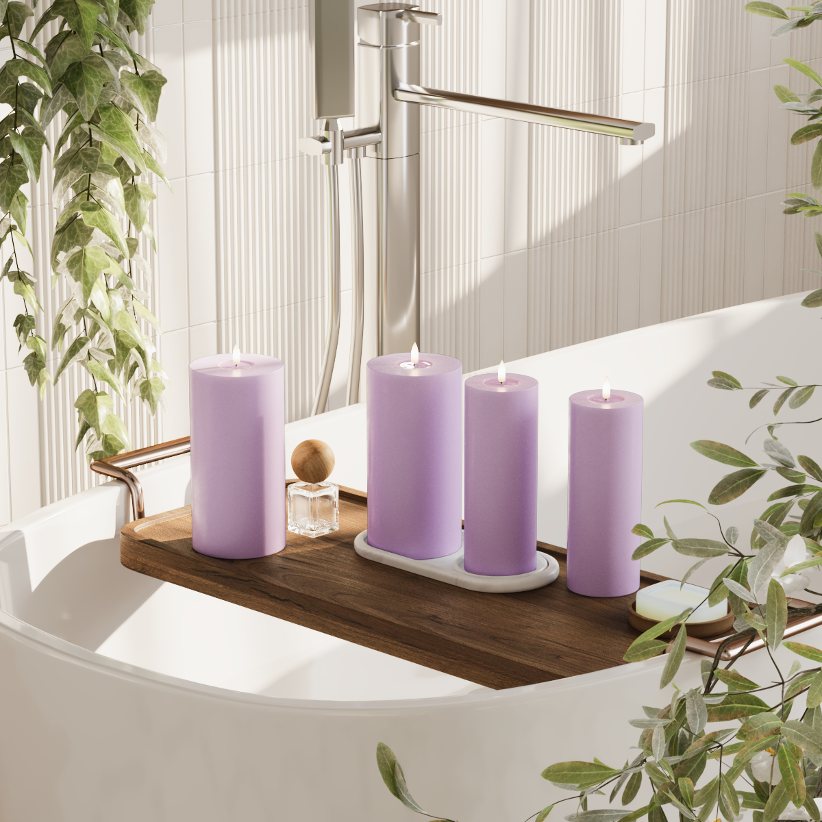 Deluxe Homeart LED bloklys pakke - Lavendel - 2x 7,5 x 20 | 2x 10 x 20 cm pakke 2