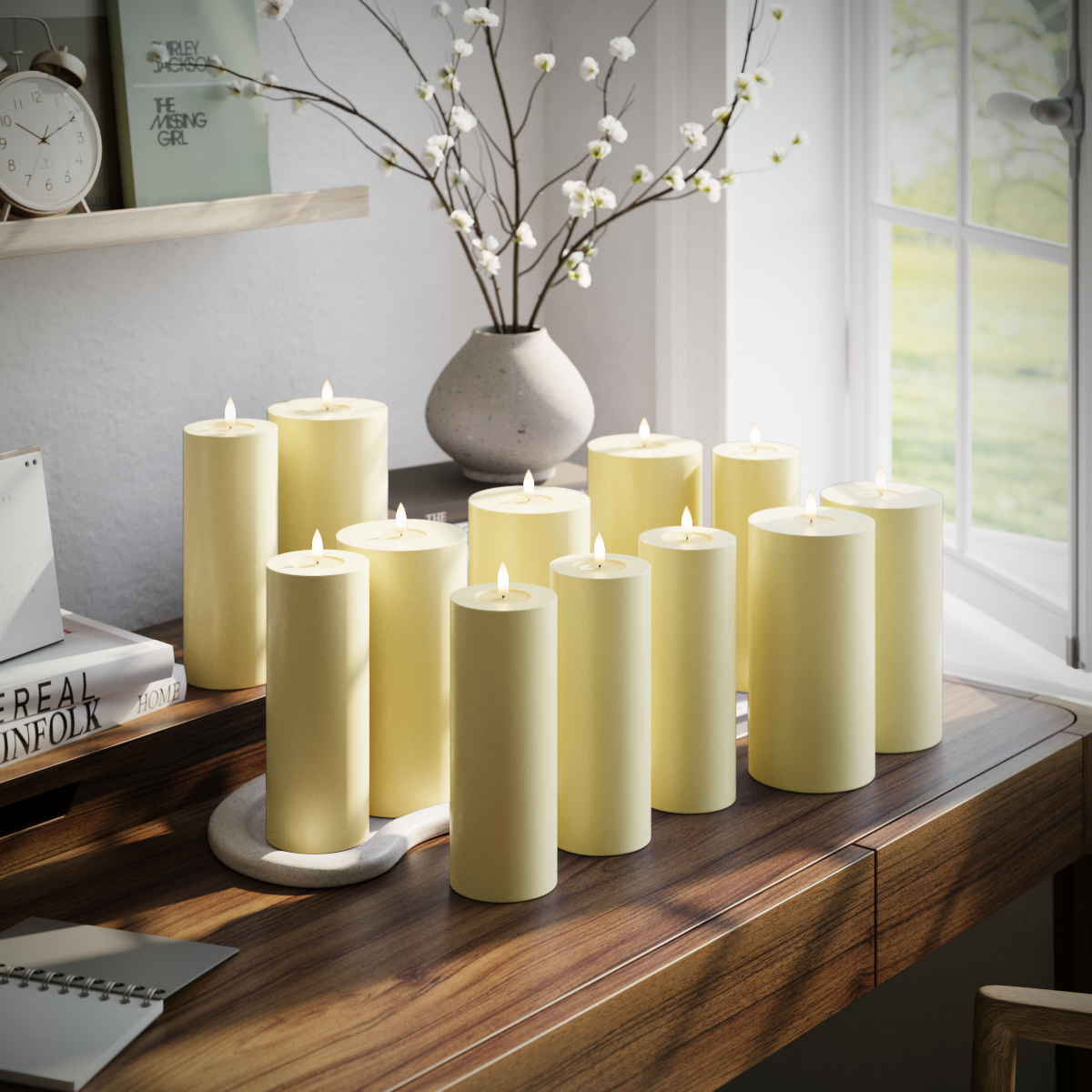 Deluxe Homeart LED bloklys pakke - Lysegul - 6x 7,5 x 20 | 6x 10 x 20 cm pakke 1